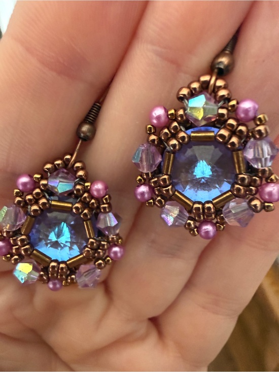 Handmade Jewelry - Blue and Purple Crystal Beaded Drop Earrings - Unbranded